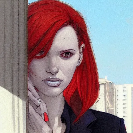 Prompt: a beautiful artwork portrait of a woman with a white shirt and red hair smoking a cigarette on a hotel balcony by Jerome Opeña, featured on artstation