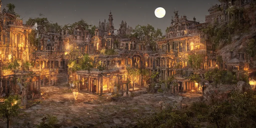 Prompt: A landscape of a forgotten city in the nature. shining, antic city architecture, nature, magical atmosphere, very very very beautiful, Intricate detailed, octane render, unreal engine, ultra detailled, ultra realistic, 4k, 8k, night time, full moon, glowing