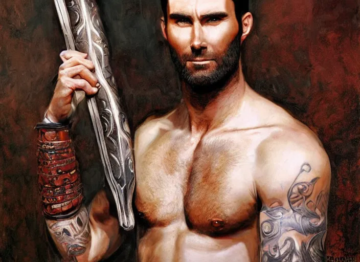 Image similar to a highly detailed beautiful portrait of adam levine as kratos, by gregory manchess, james gurney, james jean