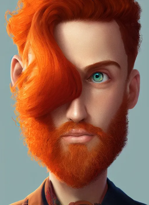 Prompt: illustration of short curly orange hair man as a self portrait, unreal engine 5, octane, smooth, reflects, masterpiece artwork, ultra detailed, artgerm, style by pixar 2 0 2 2, digital art, trending on artstation, behance, deviantart