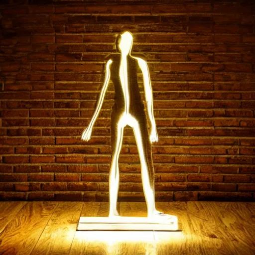 Prompt: among us steel statue with backlight on wooden floor