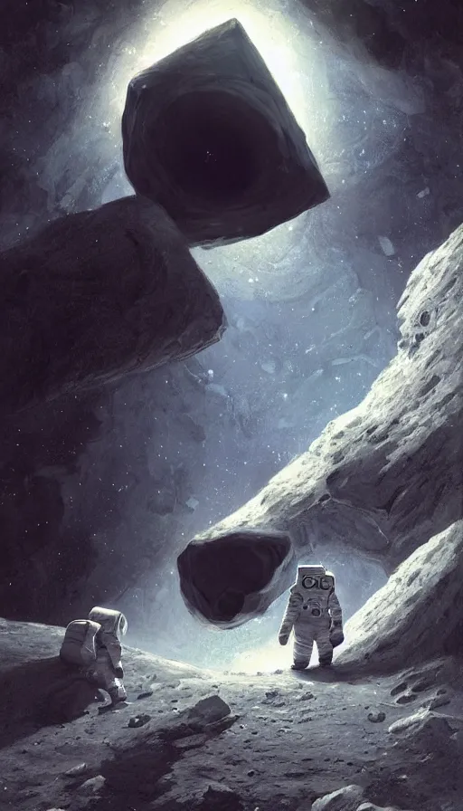 Image similar to a beautiful artwork illustration, astronauts discover a giant obsidian monolith on the moon, by rutkowski and charlie bowater, featured on artstation, wide angle, vertical orientation