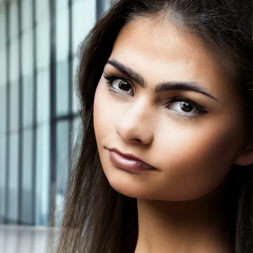 Image similar to amazonian woman, closeup, stoic, realistic, high resolution, in office building