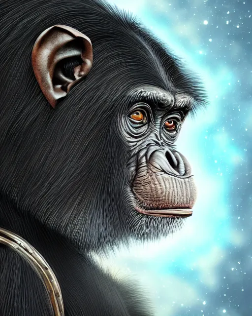 Image similar to very detailed high resolution illustration portrait of a chimpanzee wearing armor, backlit, stars, night, surrounded, 3 d, 8 k, extremely detailed, artstation, award winning