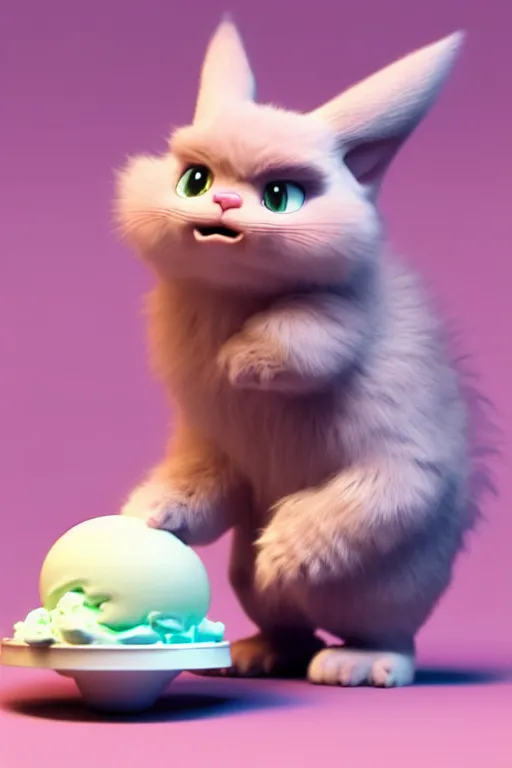 Image similar to high quality 3 d render hyperrealist very cute pastel fluffy! grumpy gargoyle cat hybrid eating giant ice cream full body, vray smooth, in the style of detective pikachu, hannah yata charlie immer, dramatic pink light, low angle, uhd 8 k, sharp focus