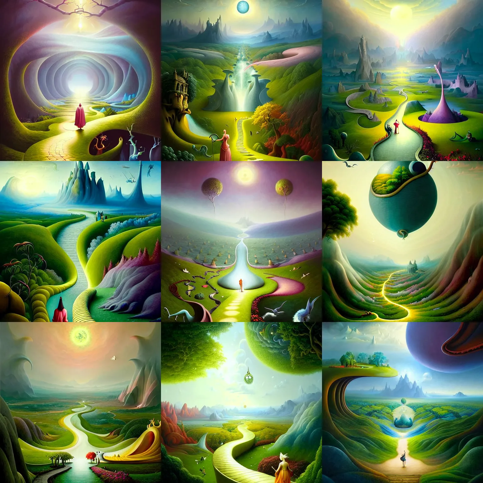 Prompt: a whimsical matte painting of a winding path through magic worlds, the garden of earthly delights by heironymous bosch, vast surreal landscapes and horizon by asher durand and cyril rolando and natalie shau, insanely detailed and intricate, elite, masterpiece, elegant