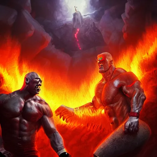 Prompt: dwayne johnson fighting demon joe biden in hell, digital artwork, trending on artstation, fire, dynamic lighting, fantasy art