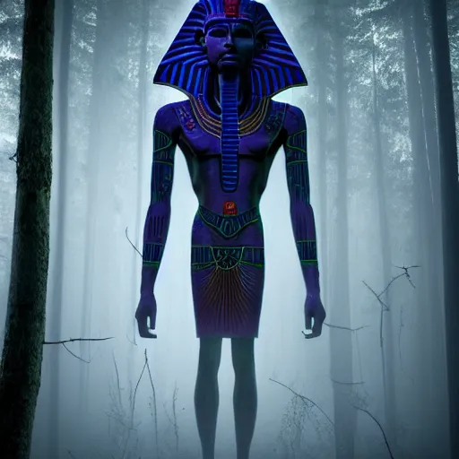 Prompt: a mystical alien pharaoh standing in a dark, gloomy forest, detailed, mythical, mist, depressing, tired, dark, lush, nature, mist, mystery, glows, somber, dismal, fog, heavy fog, dark lighting, rim light, ambient light,