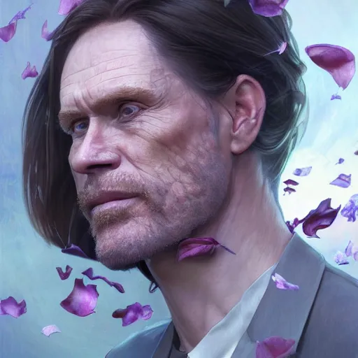 Image similar to a portrait of willem defoe looking up as flower petals flow gently as a breeze blows them from left to right on a cloudy day with blue skies, art by artgerm and greg rutkowski and magali villeneuve and alphonse mucha and rossdraws and makoto shinkai, d & d, fantasy, highly detailed, digital painting, trending on artstation