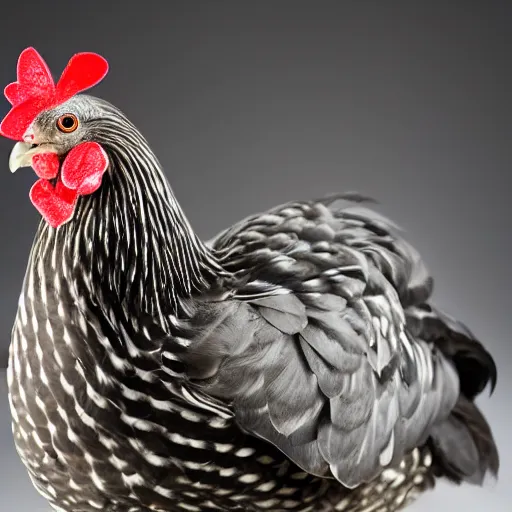 Prompt: cute!!! barred Plymouth Rock chicken, studio!! Portrait lighting, spotted with small white feathers shaped like hearts!!