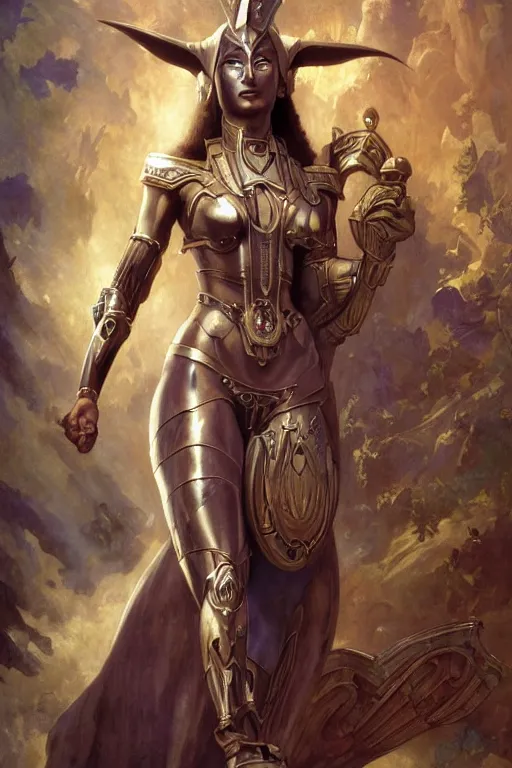 Image similar to !dream Mystical Atlantean Cyborg, Regal, Realistic, Refined, full portrait of a beautiful female Anubis Valkyrie Warrior, Detailed Digital Art, Oil Painting, William-Adolphe Bouguereau, Steampunk, Walt Disney (1937), Josephine wall, dynamic lighting, very beautiful, character illustration by Art Frahm, François Boucher, Highly Detailed, Cinematic Lighting, Unreal Engine, 8k, HD