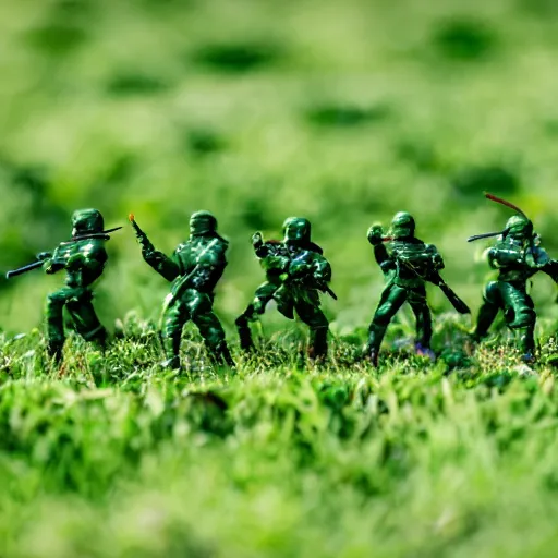 Prompt: 5 green plastic toy soldiers in a middle of a battle on a grassland. close up. DOF 100mm. F/1.8 45 45 degrees angle