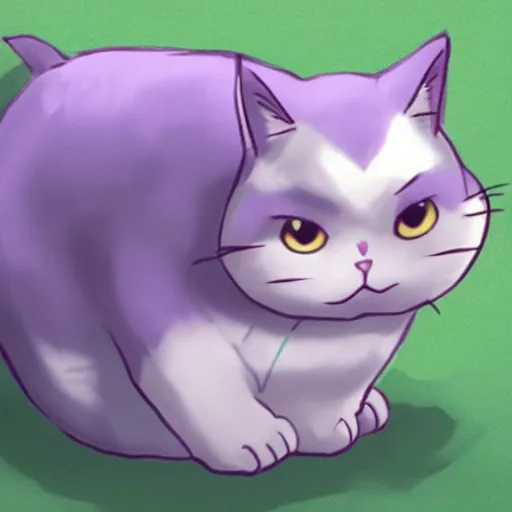 Prompt: Purugly, the fat cat Pokémon. Lavender fur, yellow eyes, flat face, chubby body. Purugly laying on a bed contentedly.