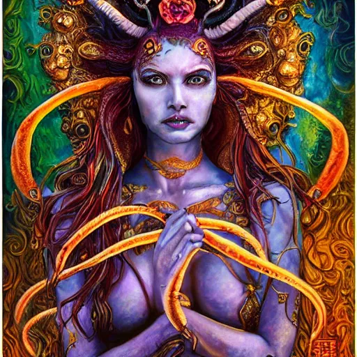 Image similar to portrait of a scorpion goddess, full body shot, fantasy, whimsical, horror, art by josephine wall and and hr geiger and chengwei pan and amanda sage, intricately detailed, highly detailed, luxurious, elegant, clean, unsettling, trending on artstation