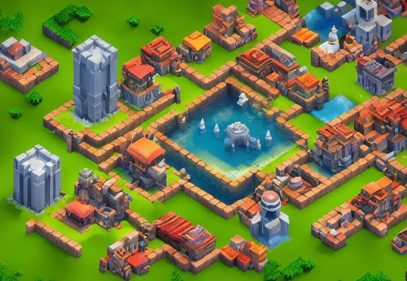 Image similar to isometric game level, style by clash of clans, beautiful lighting, unreal engine, artstation