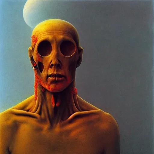 Image similar to a person with bloody holes in their eyesockets instead of eyes zdzisław beksinski, keith thompson