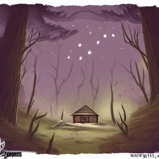 Prompt: a illustration of a Eerie cabin in the middle of the woods in the style of a magic the gathering card