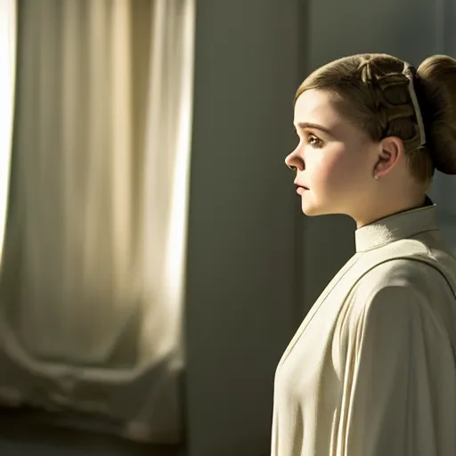 Image similar to Adult Chloe Moretz as Princess Leia, XF IQ4, 150MP, 50mm, f/2.8, ISO 200, 1/400th, natural light