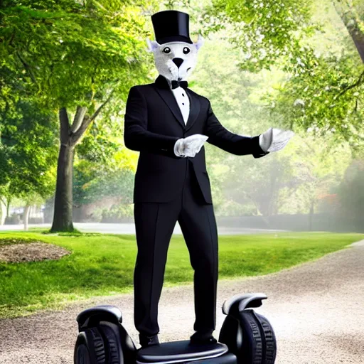 Image similar to an anthropomorphic silver fox in a dapper suit and a top hat riding a Segway in a park, photo, 4K