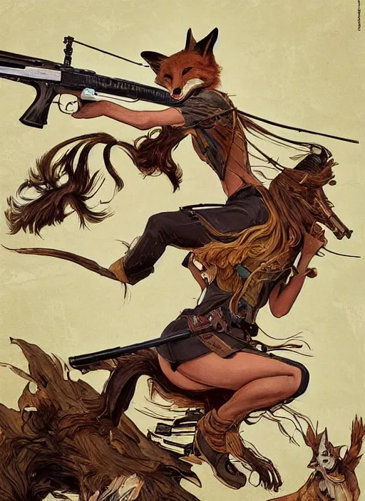 Prompt: a beautiful, dynamic illustration of an anthropomorphic fox - woman running and gunning with a winchester rifle, wild west theme, focal depth, highly detailed, art by joseph leyendecker, peter mohrbacher, ruan jia, marc simonetti, ayami kojima, cedric peyravernay, alphonse mucha, victo ngai,