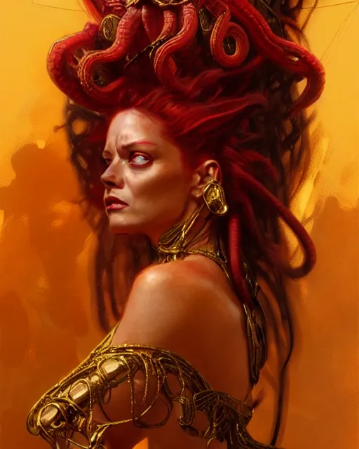 Image similar to fierce medusa in a red and golden dress, fantasy character portrait, ultra realistic, concept art, intricate details, highly detailed by greg rutkowski, gaston bussiere, craig mullins, simon bisley