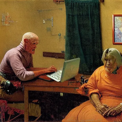 Prompt: elderly cyborg weeping desperate grandma trying to figure out how to order an online pizza sitting in her small room glaring at her lenovo thinkpad laptop t 4 1 0 8 gb ram norman rockwell leonardo da vinci giotto jamie wyeth greg rutkowski winslow homer thomas eakins lucian freud edward hopper j. m. w. turner oil painting anachronistic realism