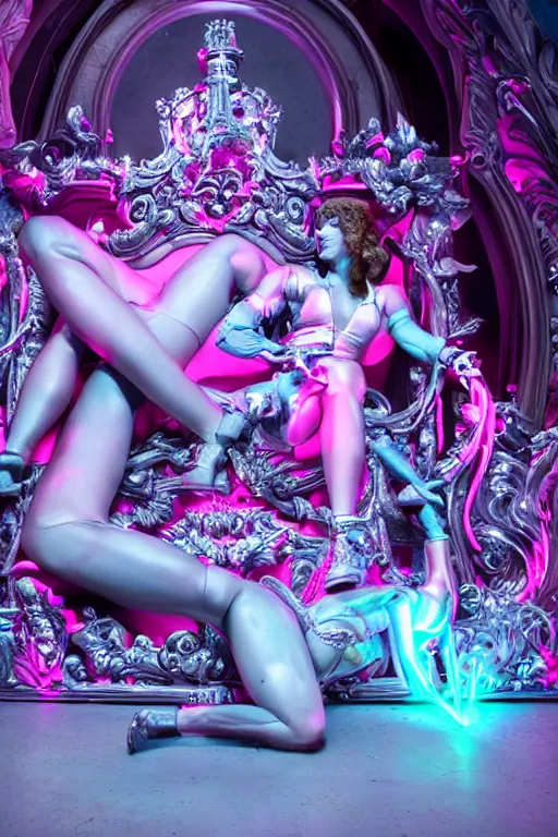 Image similar to full-body rococo and cyberpunk style neon statue of a muscular attractive Nick Jonas macho dotado e rico android sim roupa reclining con las piernas abertas e la piroca dura, glowing white laser eyes, prince crown of pink gears, diamonds, swirling silver-colored silk fabric. futuristic elements. full-length view. space robots. human skulls. intricate artwork by caravaggio. Trending on artstation, octane render, cinematic lighting from the right, hyper realism, octane render, 8k, depth of field, 3D