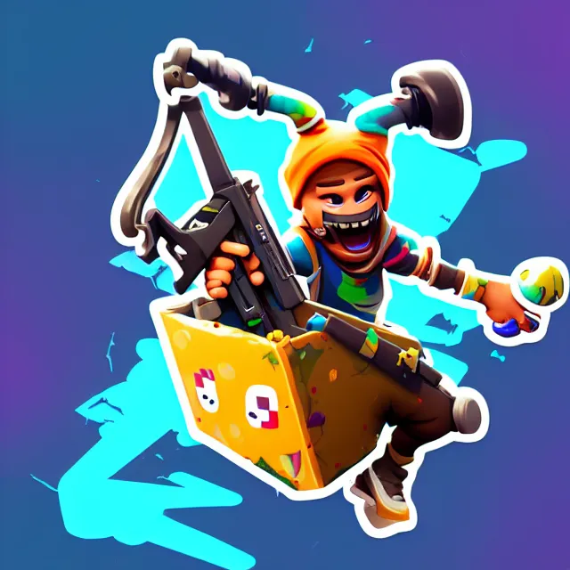 Prompt: sticker of a cute friendly happy cartoon esports gamer playing fortnite, sticker, close up, wlop, dan mumford, artgerm, liam brazier, peter mohrbacher, 8 k, raw, featured in artstation, octane render, cinematic, elegant, intricate