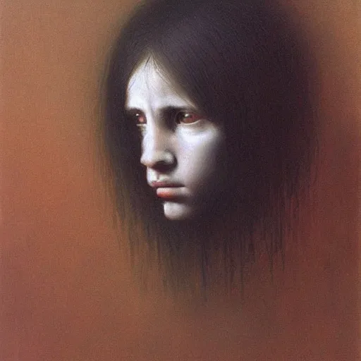 Image similar to young girl with a crow's head , painting by Beksinski