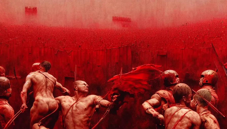 Image similar to only with red, bloody gladiator battle in a crowded roman amphitheatre, crowd cheering, in the style of beksinski and edward hopper and rodcenko and yue minjun and greg rutkowski, intricate and epic composition, red by caravaggio, highly detailed, masterpiece, red light, artstation, art nouveau