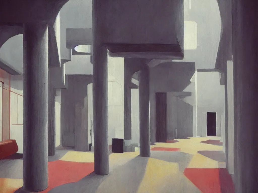 Image similar to colorful minimalist industrial interior hallway with monolithic pillars in the style of ridley scott and stanley kubrick, impossible stijl architecture, science fiction, lone silhouette in the distance, ultra wide angle view, realistic detailed painting by edward hopper