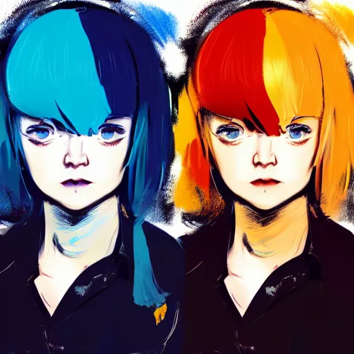 Image similar to ilya kuvshinov with long sky blue hair, gold eyes, amber eyes, boyish face, professional digital painting, wild brush strokes, concept art, award - winning photography, cinematic, black background, black shirt, crazy, yandere, wlop, color block, pop, hip, art by andy warhol, pixiv art, yoshitaka amano