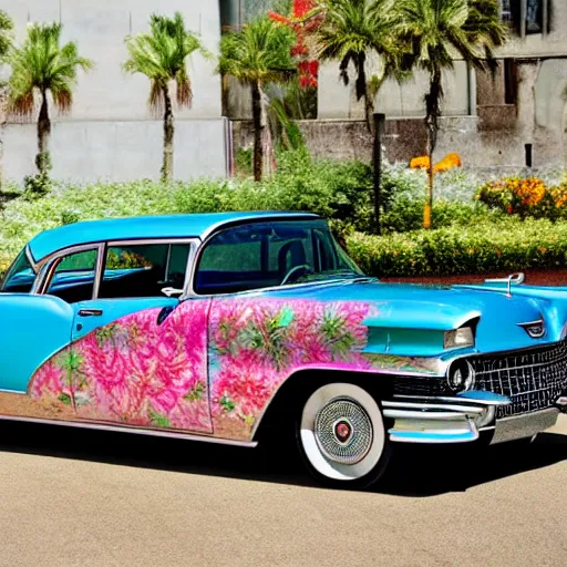 Prompt: a cadillac 1 9 5 7 coupe textured with an airbrushed djungle with colorful flowers