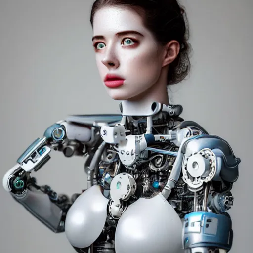 Image similar to beautiful Fine art photo portrait of enraptured Sarah Mcdaniel as a solarpunk robotic goddess, white mechanical parts with led lights, photorealistic, white background, highly detailed and intricate, studio lighting, HDR 8k