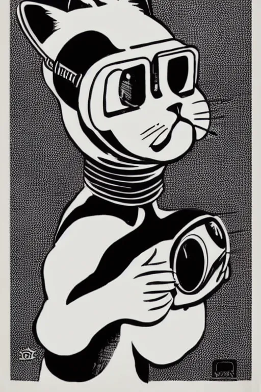 Image similar to 1934 communist screen print poster of a cat in a VR helmet