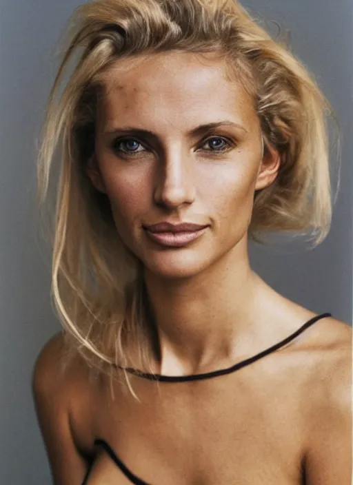 Image similar to photograph of an olive skinned blonde female in her late twenties, her hair pinned up, wearing a designer top, looking content, focused on her neck, photographer annie leibovitz