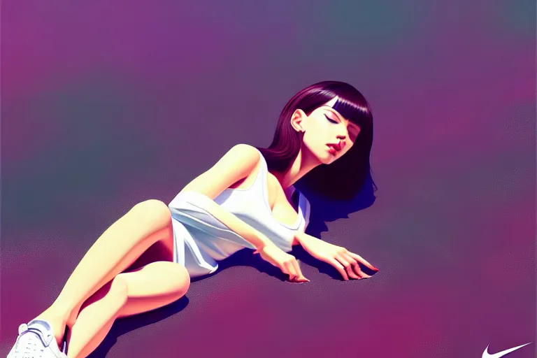 Image similar to a ultradetailed beautiful painting of a stylish woman laying on the ground, she is wearing nike air force 1 sneakers, by ilya kuvshinov, trending on artstation