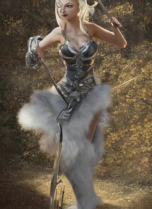 Image similar to ashe, from league of legends, shooting arrows with a silver bow, wearing fluffy bear skin, long skirt, hyper detailed, digital art, trending in artstation, cinematic lighting, studio quality, smooth render, unreal engine 5 rendered, octane rendered, art style by klimt and nixeu and ian sprigger and wlop and krenz cushart