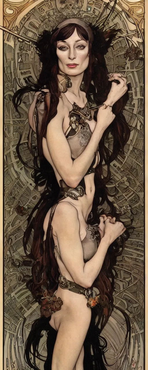 Image similar to striking sensual cartoon art nouveau style portrait of anjelica huston as an industrial crustpunk rebel soldier by glenn fabry, simon bisley and alphonse mucha, photorealism, extremely hyperdetailed, perfect symmetrical facial features, perfect anatomy, ornate declotage, spikes, latex, excited expression, wild eyes