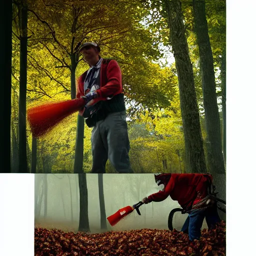 Image similar to men with leaf blowers fighting the falling leaves in a forest, detailed face, by Steve McCurry and David Lazar, CANON Eos C300, ƒ5.6, 35mm, 8K, medium-format print