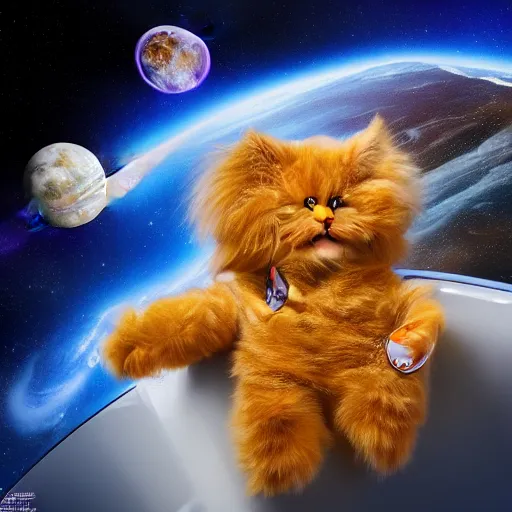 Image similar to glorious dynamic pose full body celestial main coon TY beanie baby wears a spacesuit and plays onthe webb space telescope in outer space, 8k highly professionally detailed, HDR, CGsociety, dynamic lighting, pristine and clean design, photorealistic