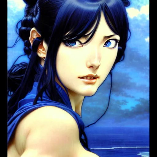 Image similar to highly detailed vfx portrait of nico robin with blue eyes and black hair by eiichiro oda!, makoto shinkai, alphonse mucha, masterpiece, art by artgerm and greg rutkowski!, large aquiline nose!!, gaston bussiere, stanley kubrick, kaoru mori, intricately detailed, behance, 4 k,