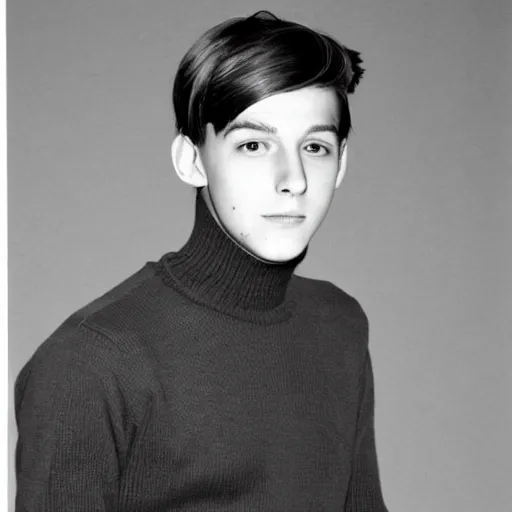 Prompt: a yearbook photo taken waist up of Jughead Jones in 1966, he is wearing a turtleneck sweater with the letter S on it