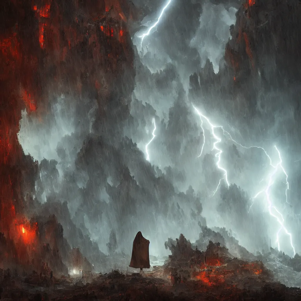 Image similar to a still of a cloaked figure standing in the ruins of crux prime, monastery, there is lightning, blue fiery maelstrom in the distance, it is raining, digital art, artstationhq