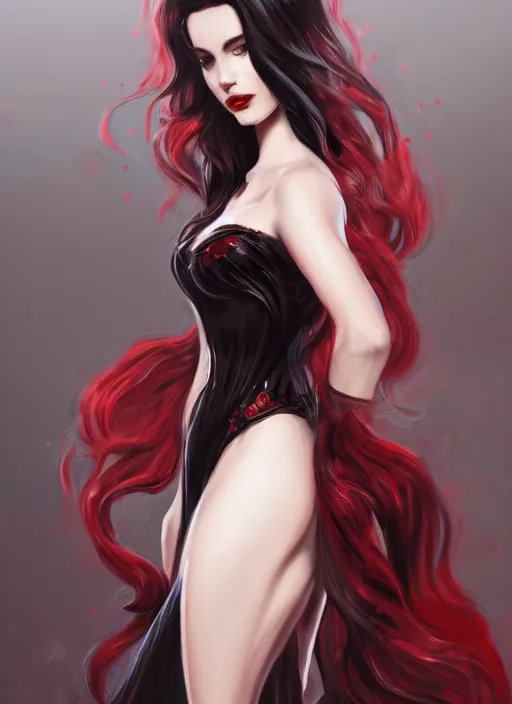 Image similar to a highly detailed illustration of elegant beautiful long black hair white woman wearing a red and black dress, dramatic smile pose, perfect face, intricate, elegant, highly detailed, centered, digital painting, artstation, concept art, smooth, sharp focus, league of legends concept art, WLOP