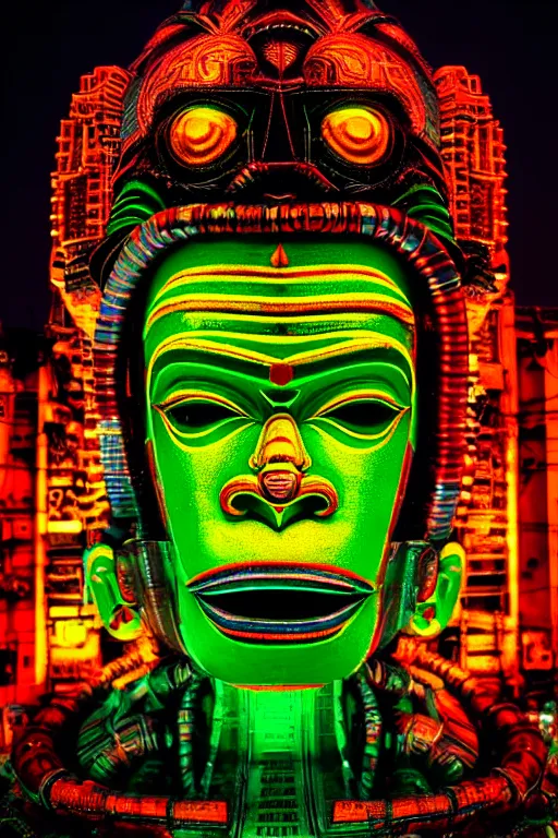 Image similar to high quality photo hyperrealistic cyberpunk hanuman head building, neon yellow madhubani, highly detailed, in sci - fi mumbai, cinematic smooth, liam wong, moody light, low angle, uhd 8 k, sharp focus