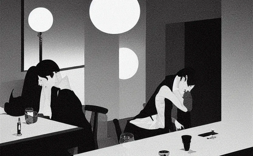 Image similar to a mysterious dimly lit dinner scene japanese digital art illustration by atey ghailan and escher and edward hopper, surreal