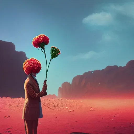 Image similar to giant carnation flower head girl, suit, desert, surreal photography, sunrise, dramatic light, impressionist painting, digital painting, artstation, simon stalenhag