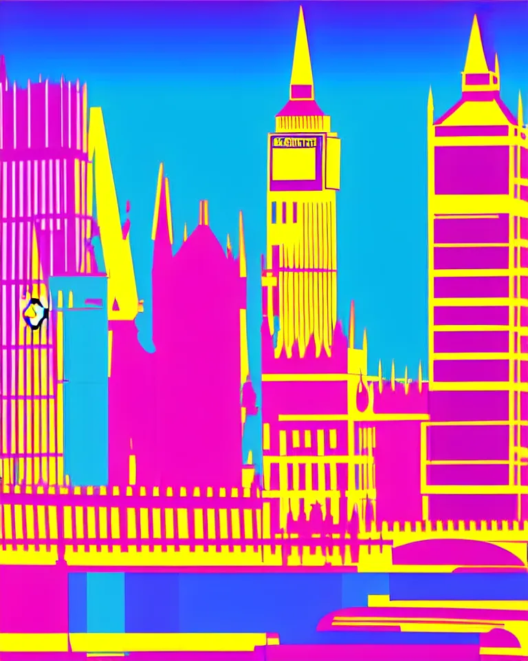 Image similar to city of london, london bridge, big ben, bright colors, in the style of hiroshi nagai, very detailed