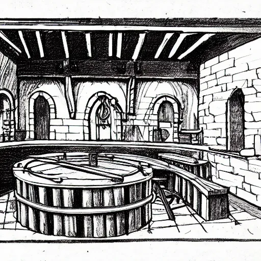 Image similar to Sketch of a medieval tavern with one floor, a counter, four round tables and a fireplace